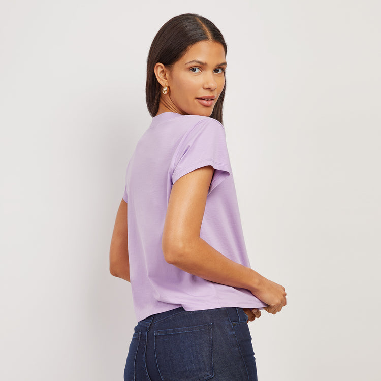 Women wearing Lilac The Cotton Boxy Deep V-Neck Tee