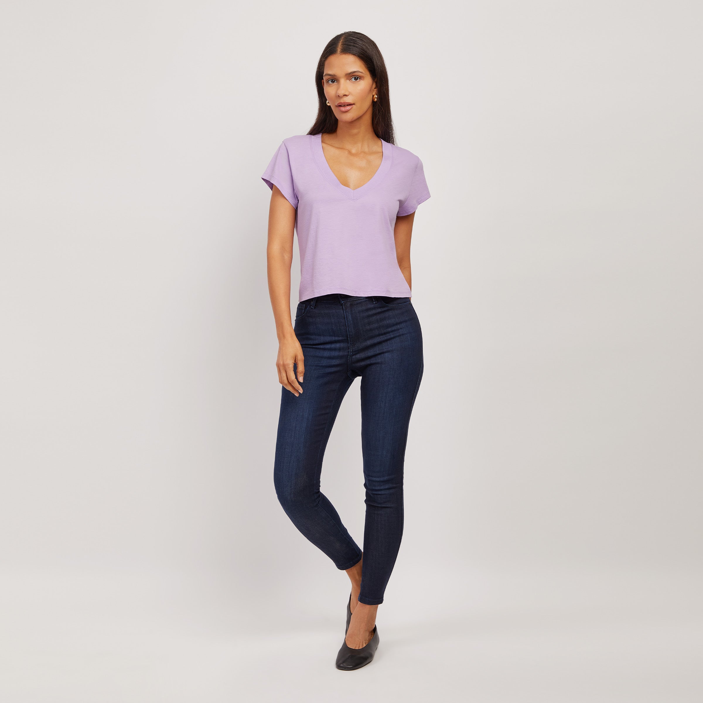 Women wearing Lilac The Cotton Boxy Deep V-Neck Tee