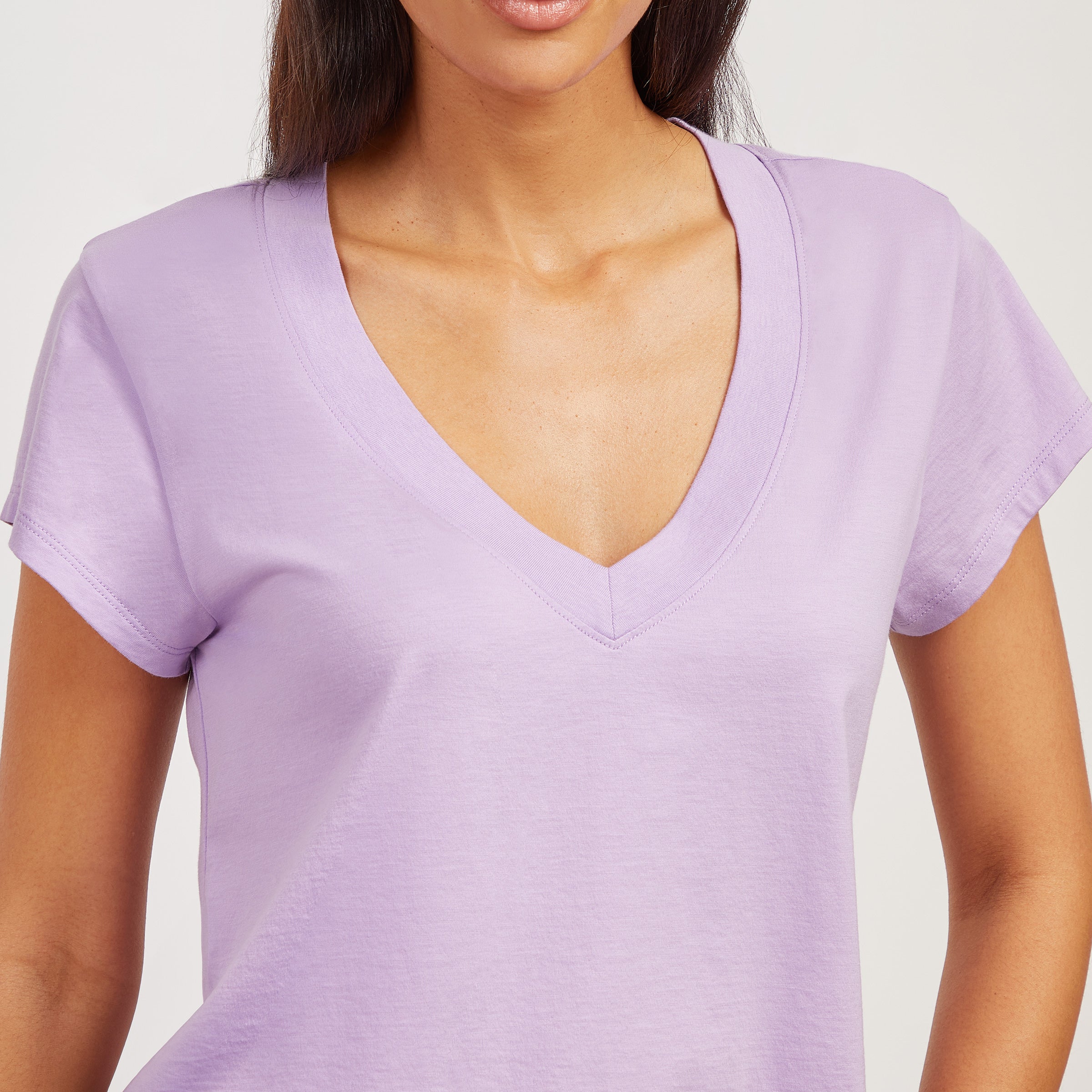 Women wearing Lilac The Cotton Boxy Deep V-Neck Tee