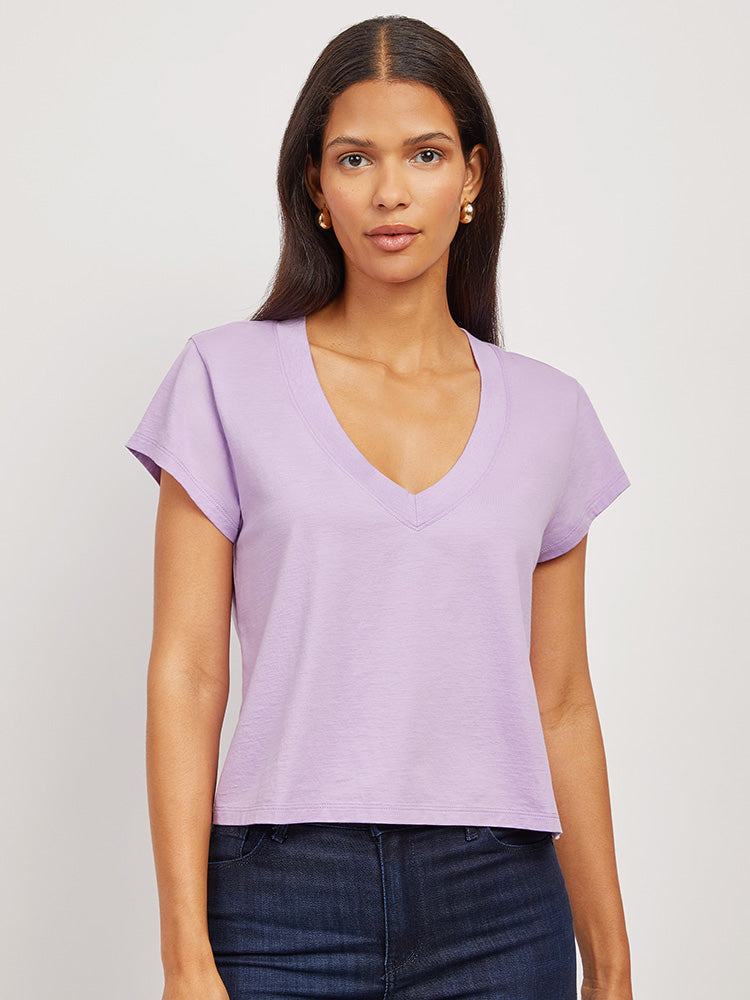 Women wearing Vintage Gray Cotton Boxy Deep V-Neck Tee