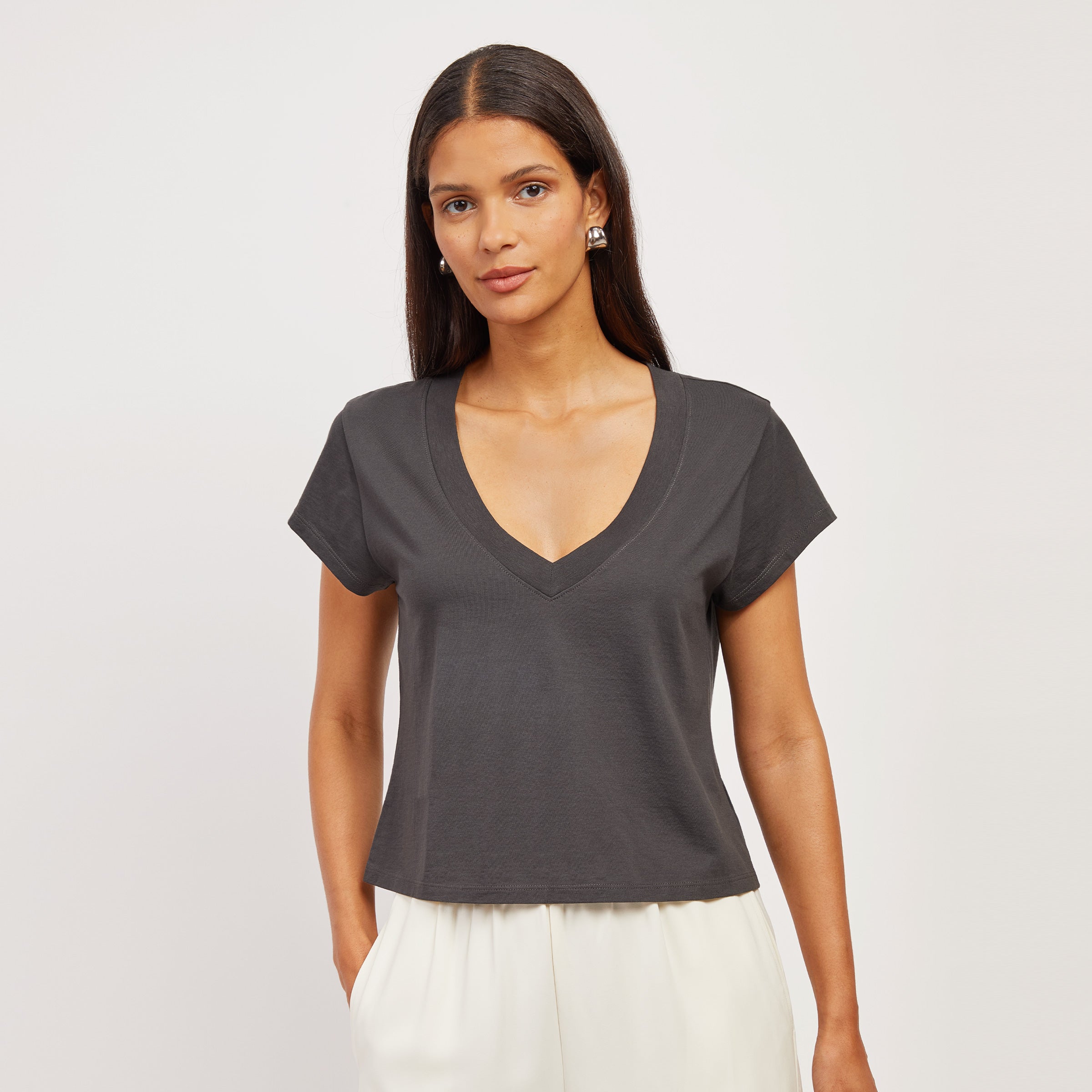 Women wearing Vintage Gray Cotton Boxy Deep V-Neck Tee