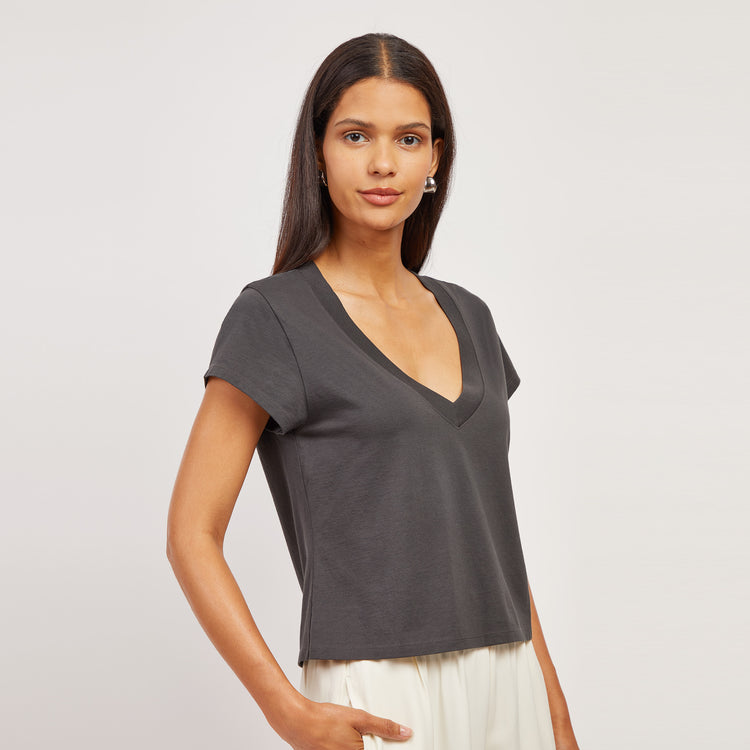 Women wearing Vintage Gray The Cotton Boxy Deep V-Neck Tee