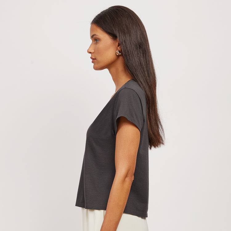 Women wearing Vintage Gray Cotton Boxy Deep V-Neck Tee