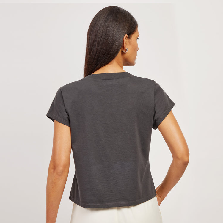 Women wearing Vintage Gray Cotton Boxy Deep V-Neck Tee