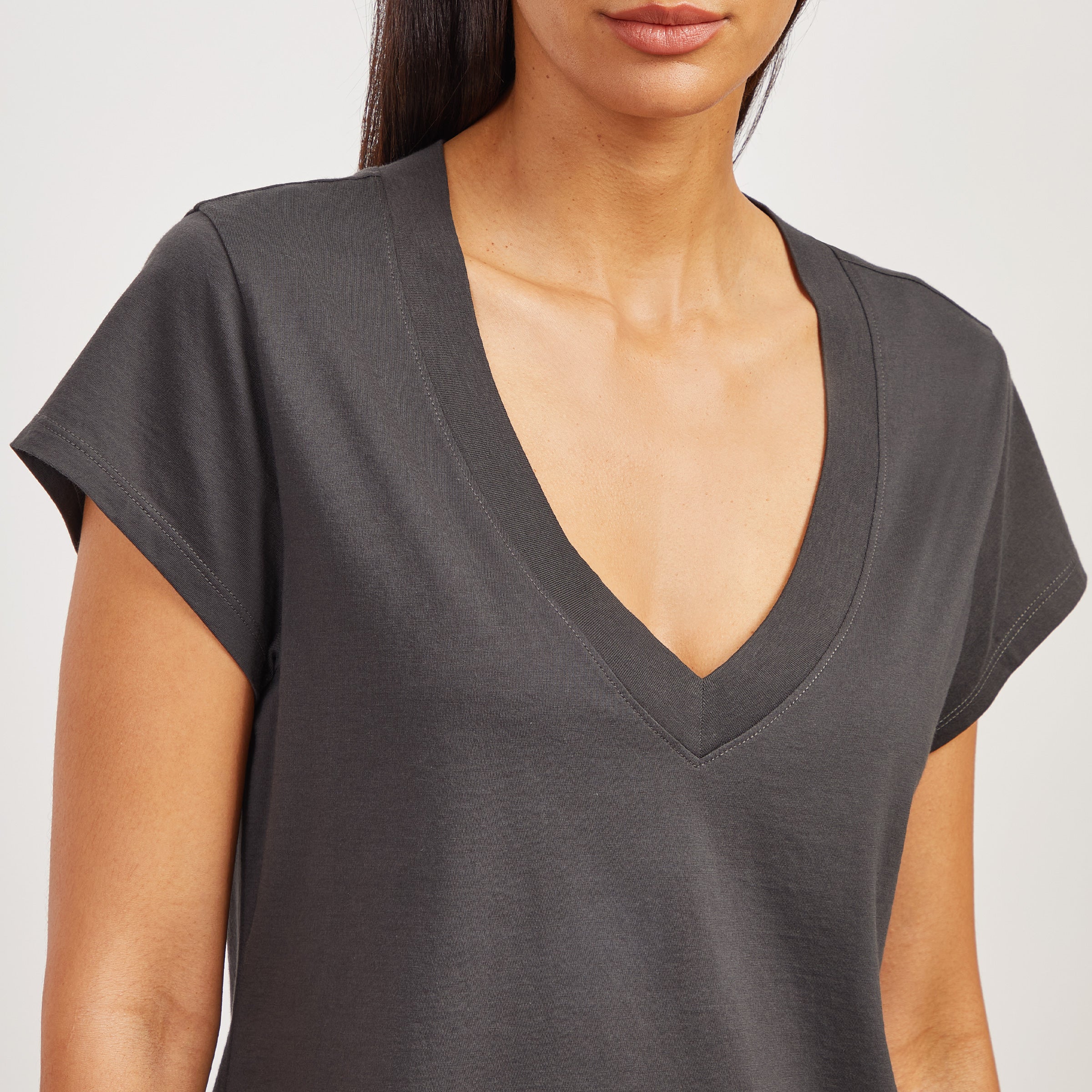 Women wearing Vintage Gray The Cotton Boxy Deep V-Neck Tee