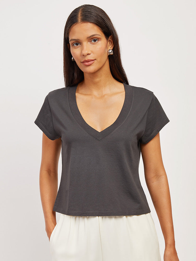 Women wearing Vintage Gray Cotton Boxy Deep V-Neck Tee