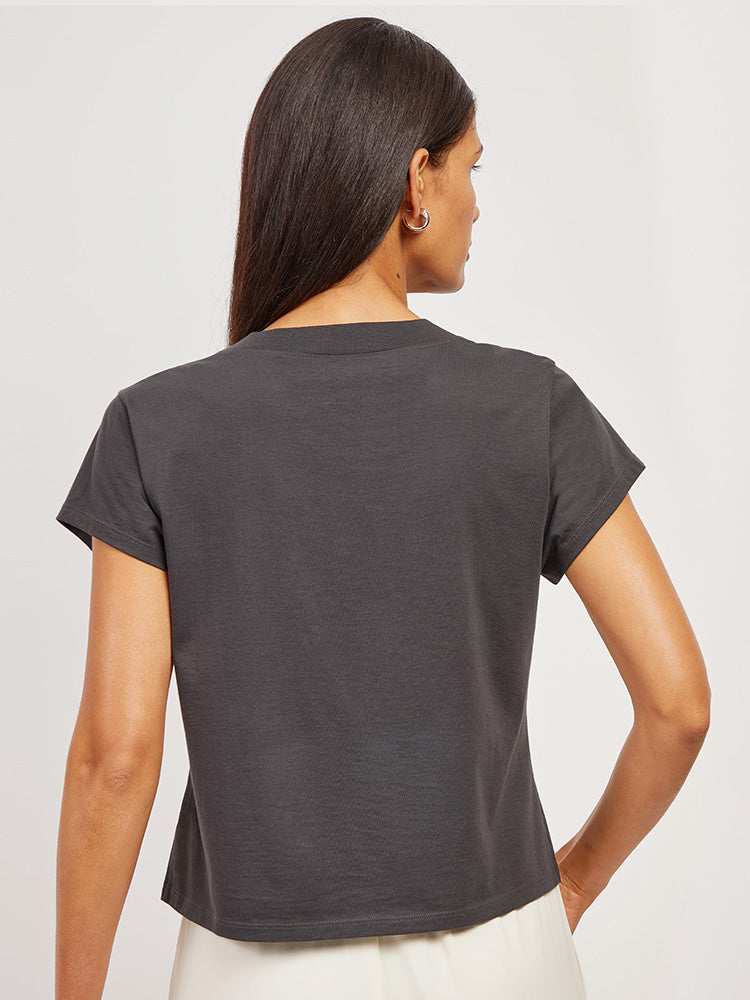 Women wearing Vintage Gray Cotton Boxy Deep V-Neck Tee