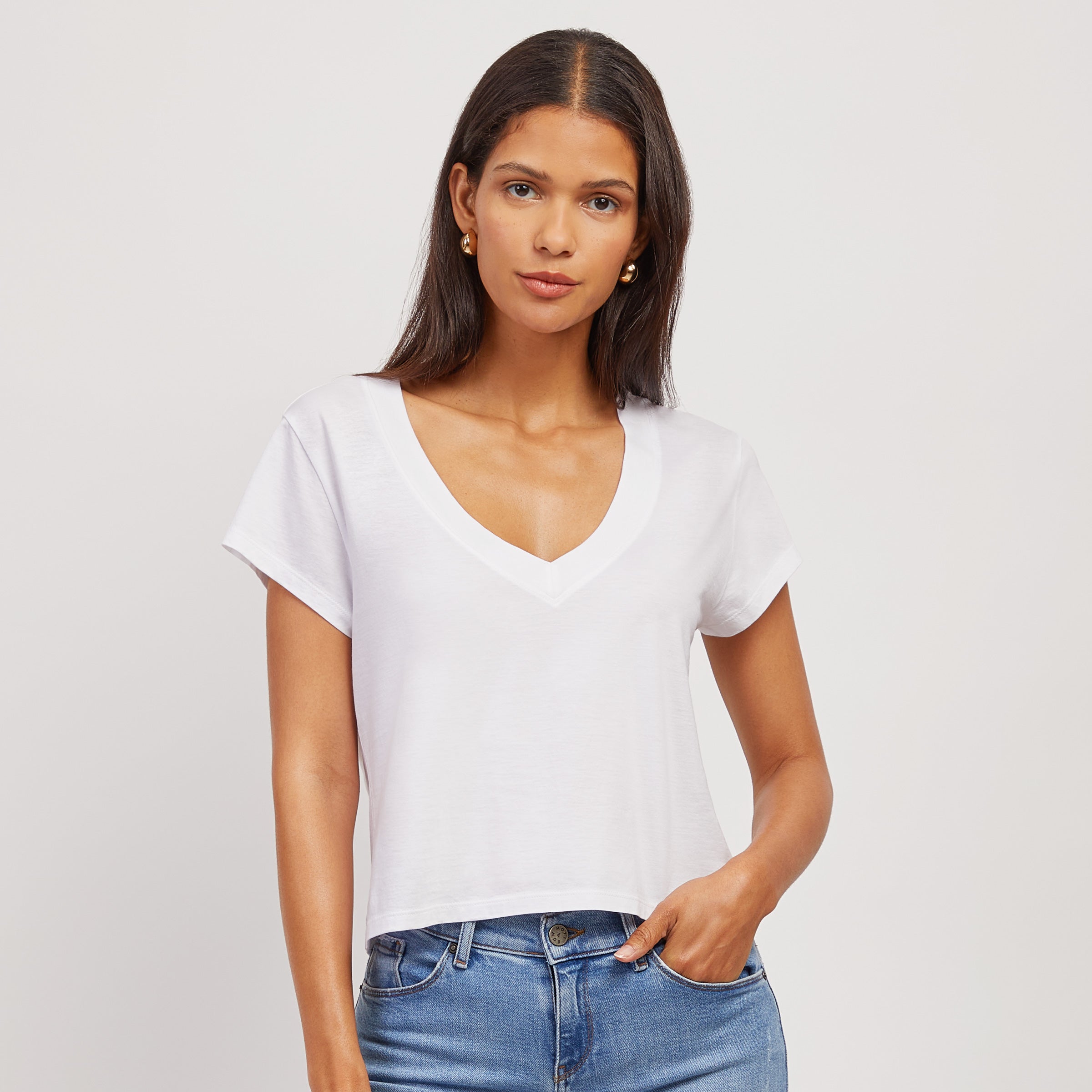 Women wearing White The Cotton Boxy Deep V-Neck Tee