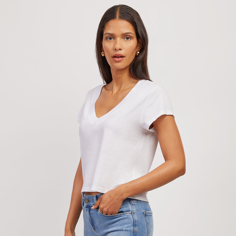 Women wearing White The Cotton Boxy Deep V-Neck Tee