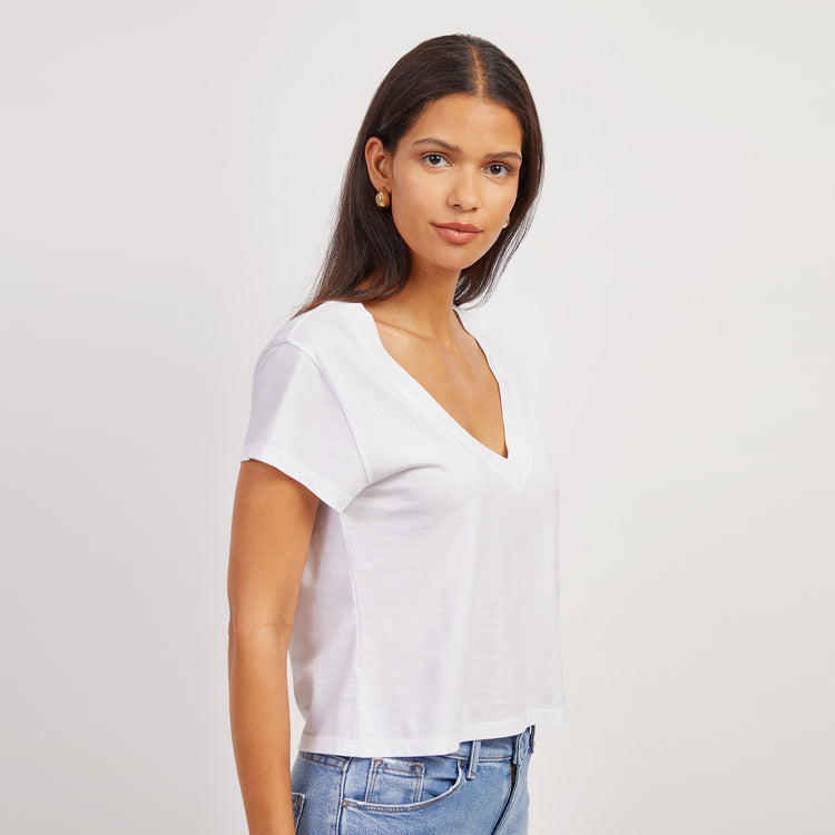 Women wearing White The Cotton Boxy Deep V-Neck Tee