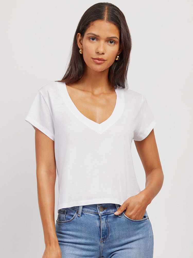 Women wearing Vintage Gray Cotton Boxy Deep V-Neck Tee