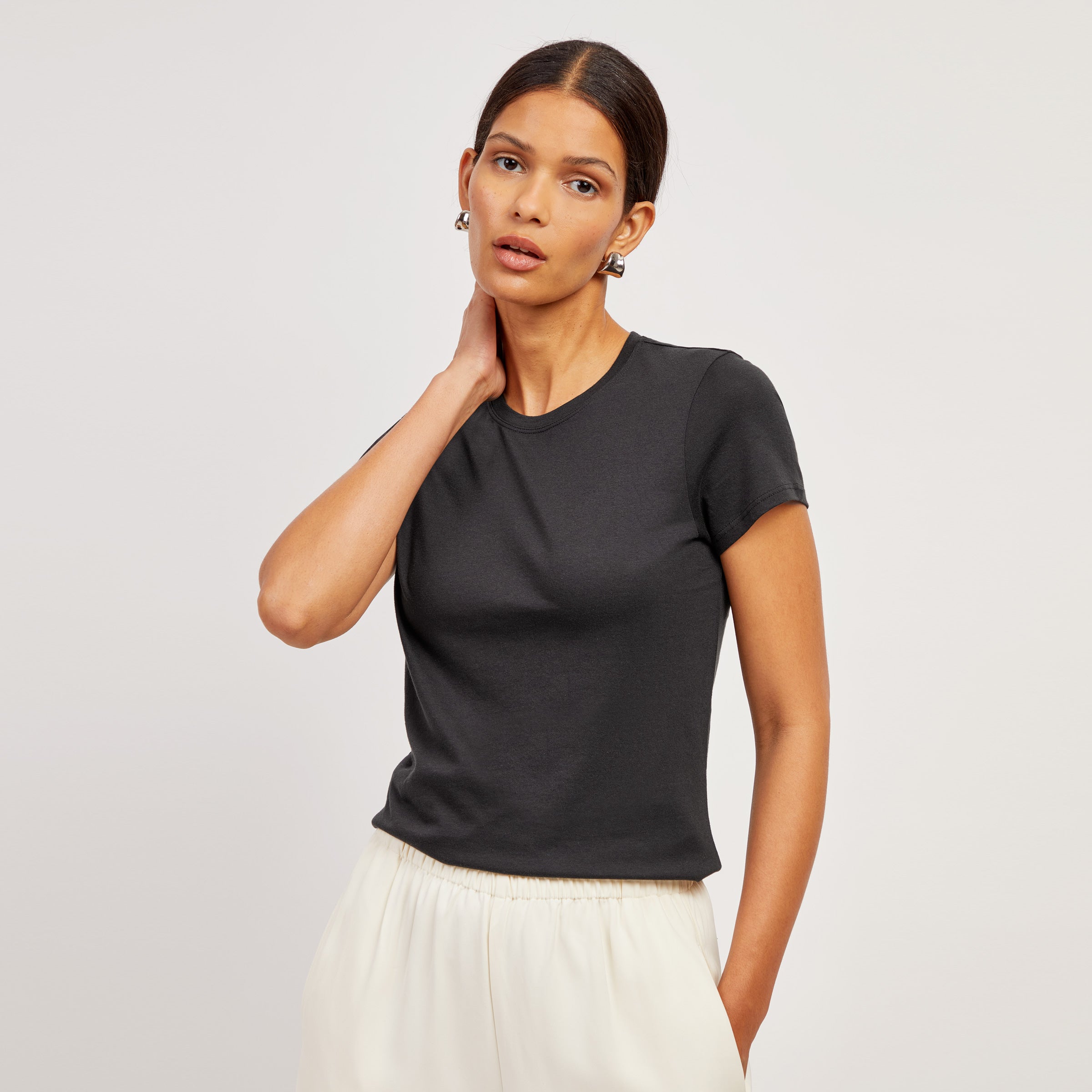 Women wearing Black Fitted Crew Marcy Tee