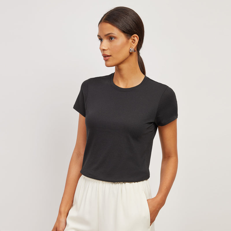 Women wearing Black Fitted Crew Marcy Tee