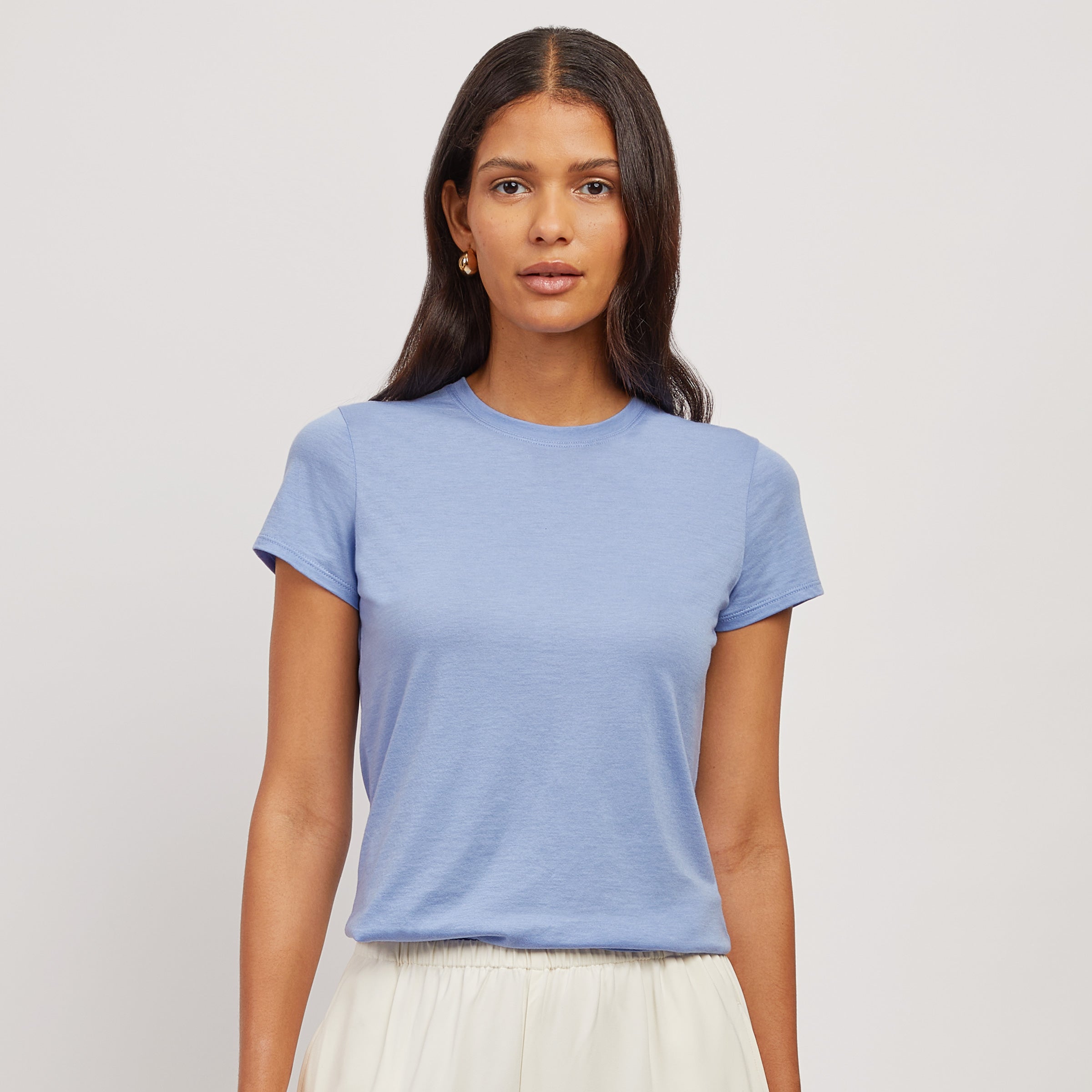 Women wearing Hydrangea Fitted Crew Marcy Tee