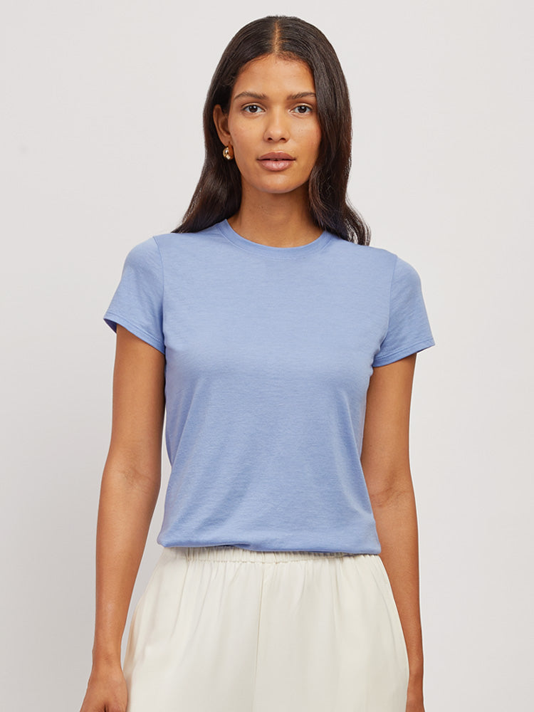 Women wearing Hydrangea Fitted Crew Marcy Tee