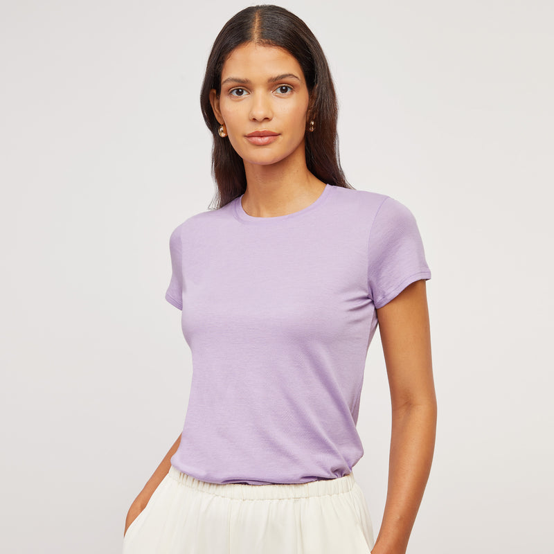 Women wearing Lilac Fitted Crew Marcy Tee