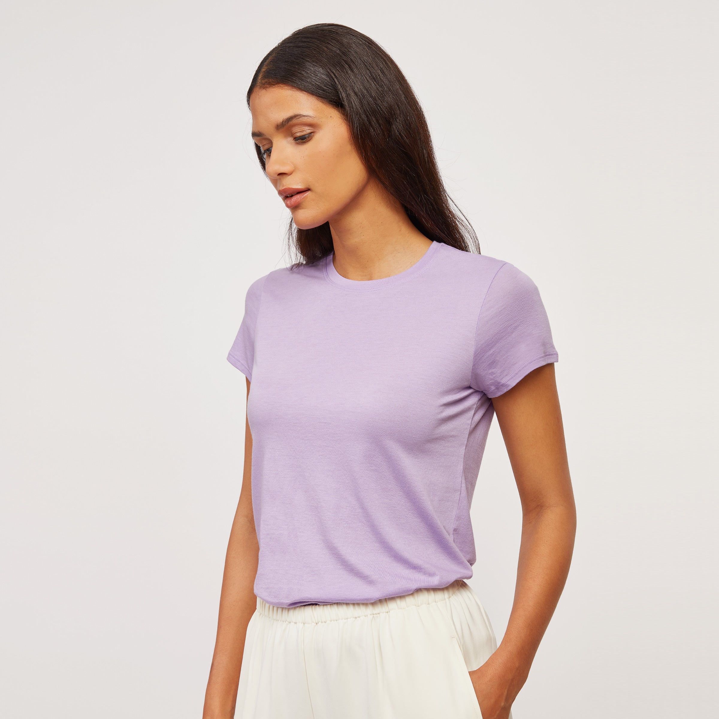 Women wearing Lilac Fitted Crew Marcy Tee