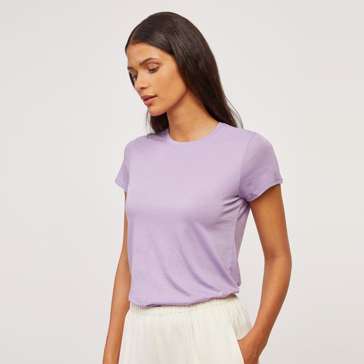 Women wearing Lilac Fitted Crew Marcy Tee