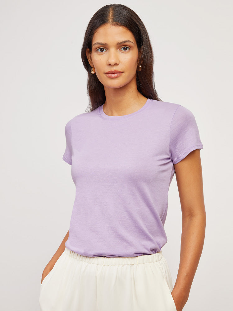 Women wearing Lilac Fitted Crew Marcy Tee