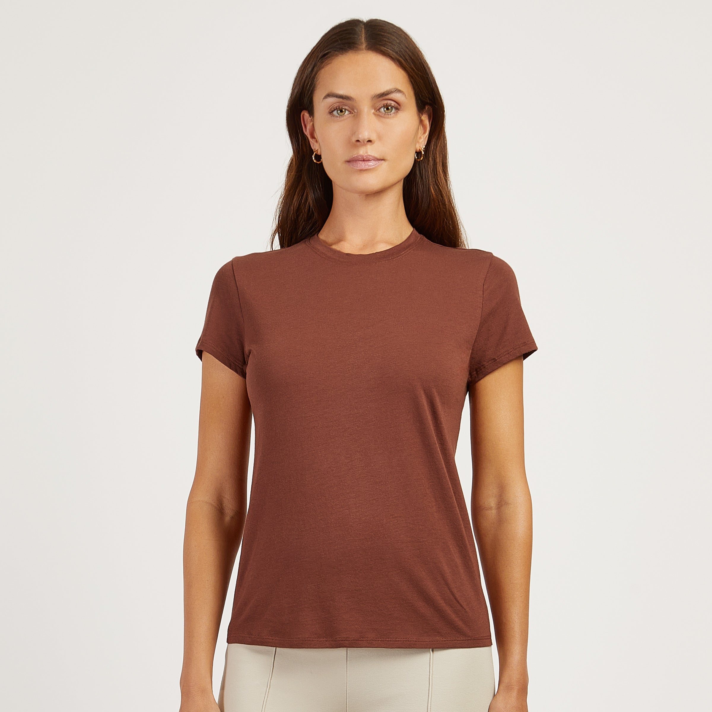 Women wearing Mocha Fitted Crew Marcy Tee