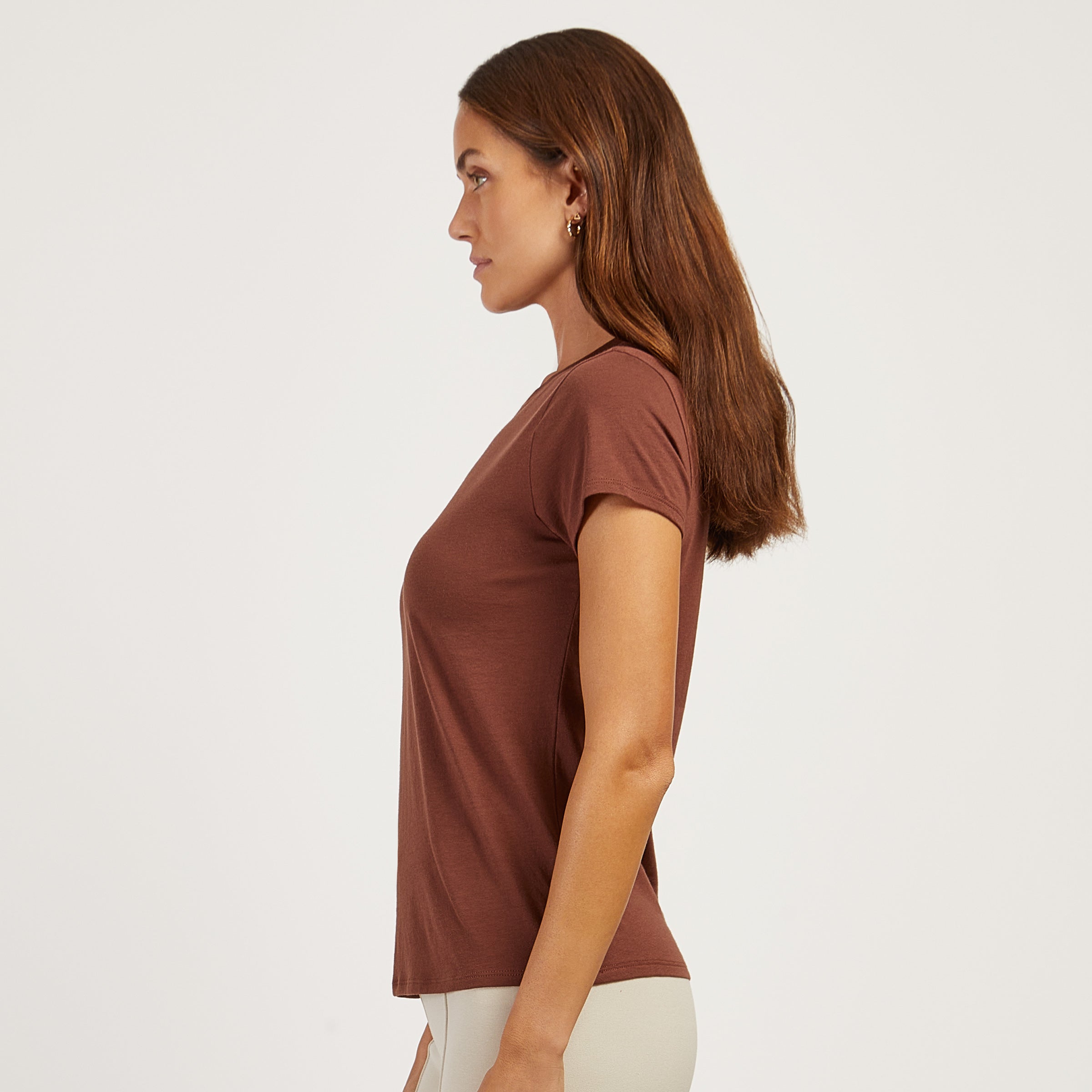 Women wearing Mocha Fitted Crew Marcy Tee