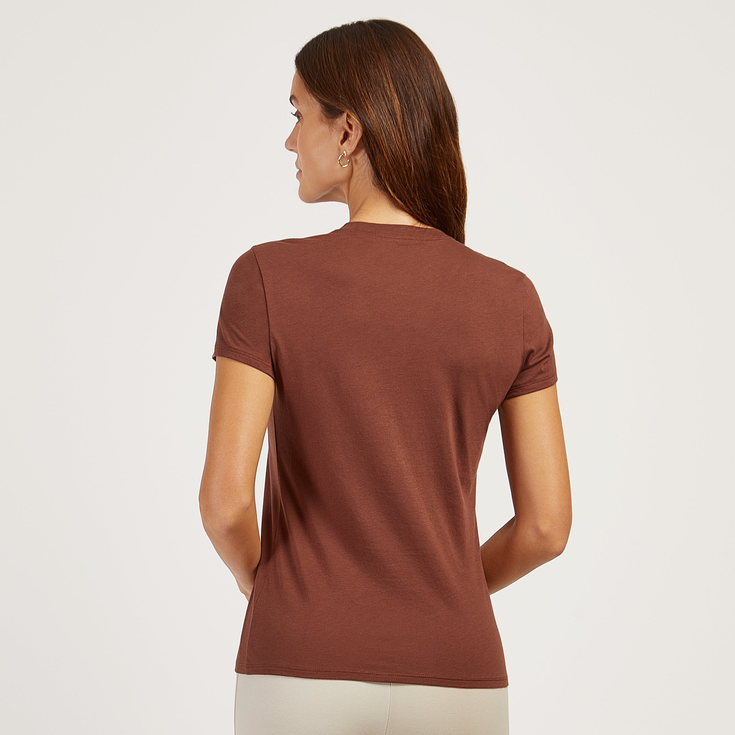 Women wearing Mocha Fitted Crew Marcy Tee