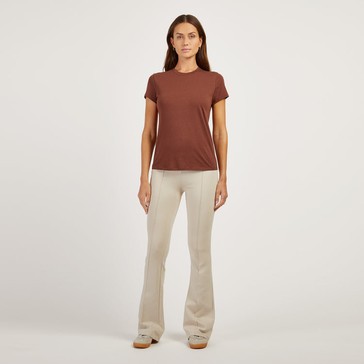 Women wearing Mocha Fitted Crew Marcy Tee