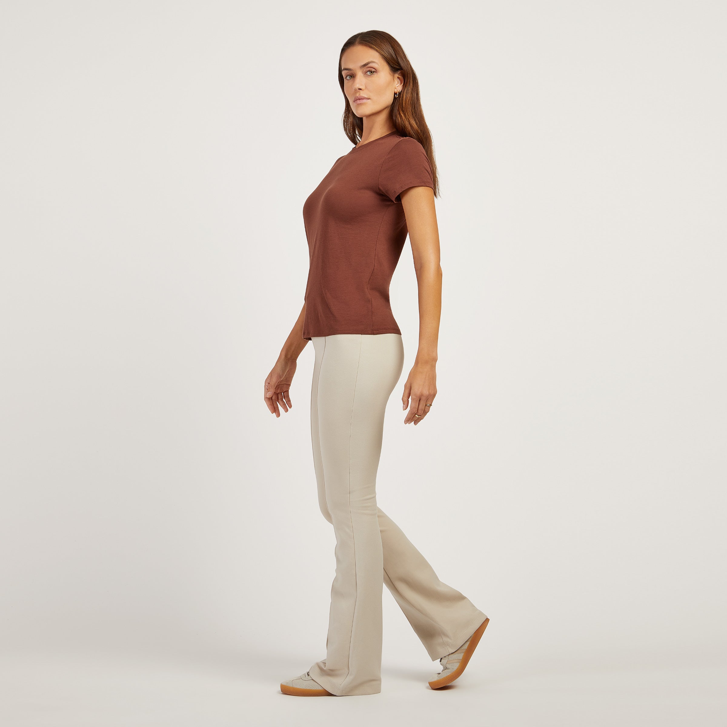 Women wearing Mocha Fitted Crew Marcy Tee