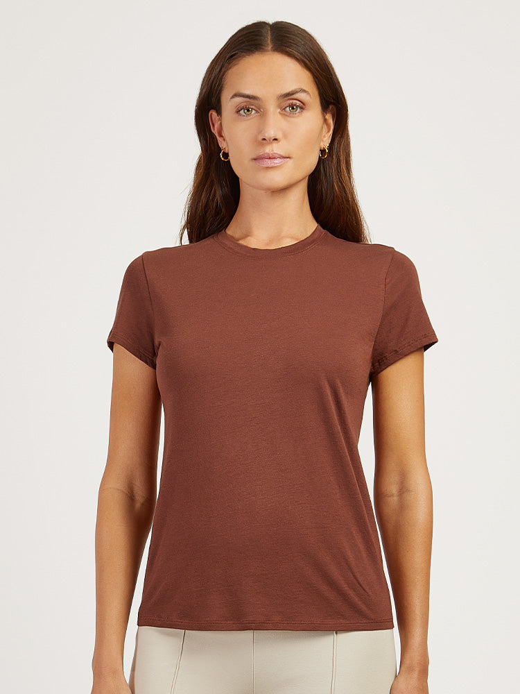 Women wearing Mocha Fitted Crew Marcy Tee