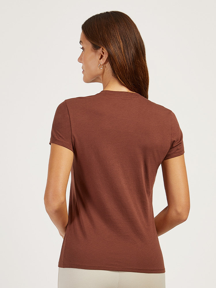 Women wearing Mocha Fitted Crew Marcy Tee