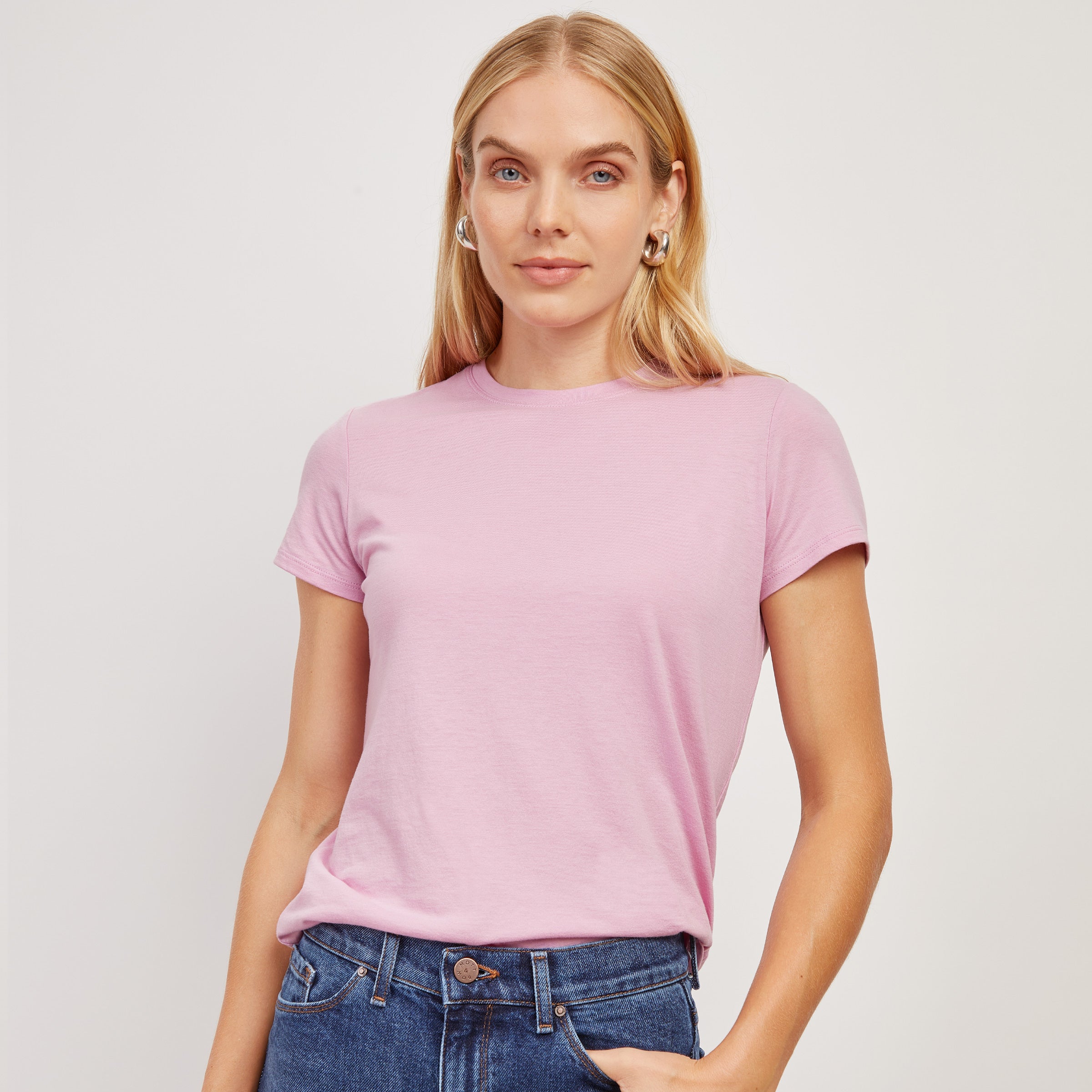 Women wearing Rose Pink Fitted Crew Marcy Tee