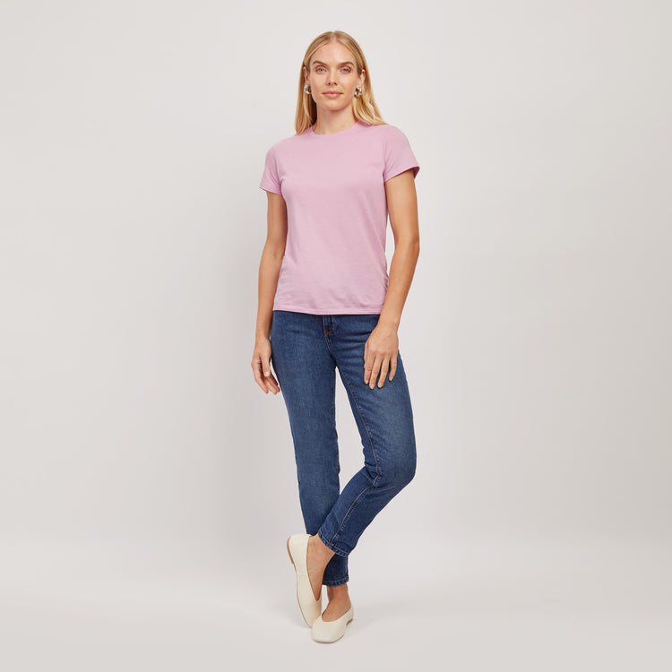 Women wearing Rose Pink Fitted Crew Marcy Tee