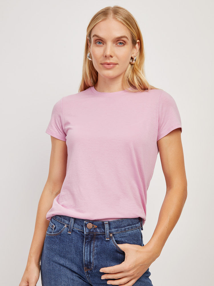 Women wearing Rose Pink Fitted Crew Marcy Tee