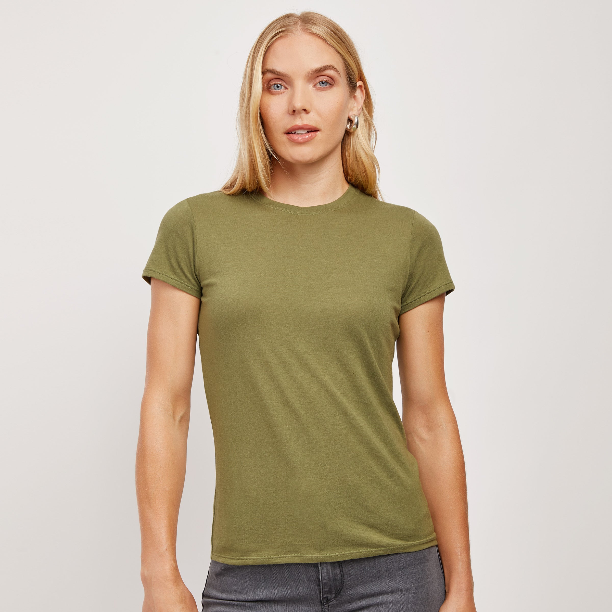 Women wearing Rosemary Fitted Crew Marcy Tee