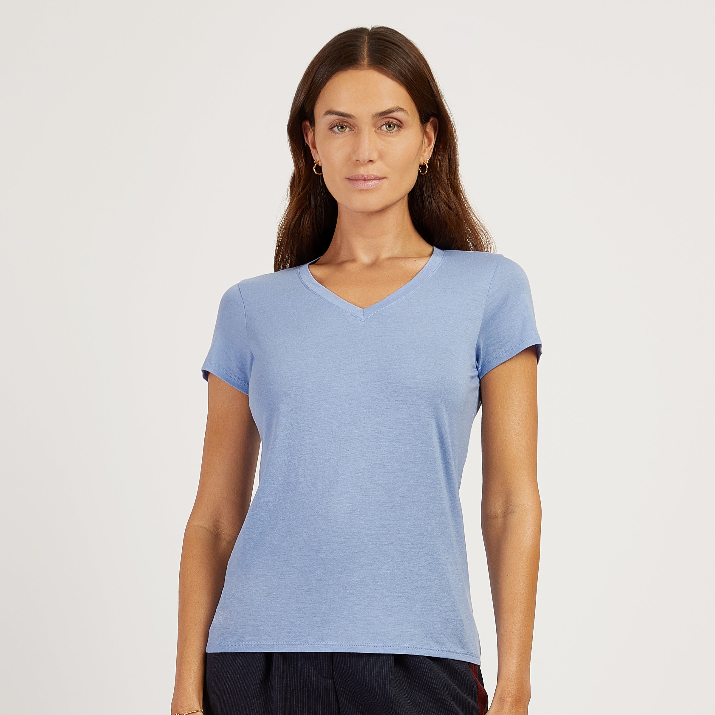 Women wearing Hydrangea Fitted V-Neck Marcy Tee