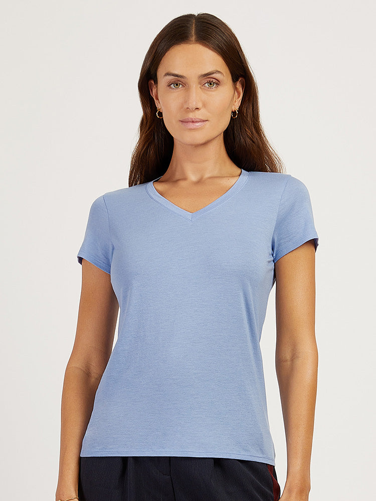 Women wearing Hydrangea Fitted V-Neck Marcy Tee