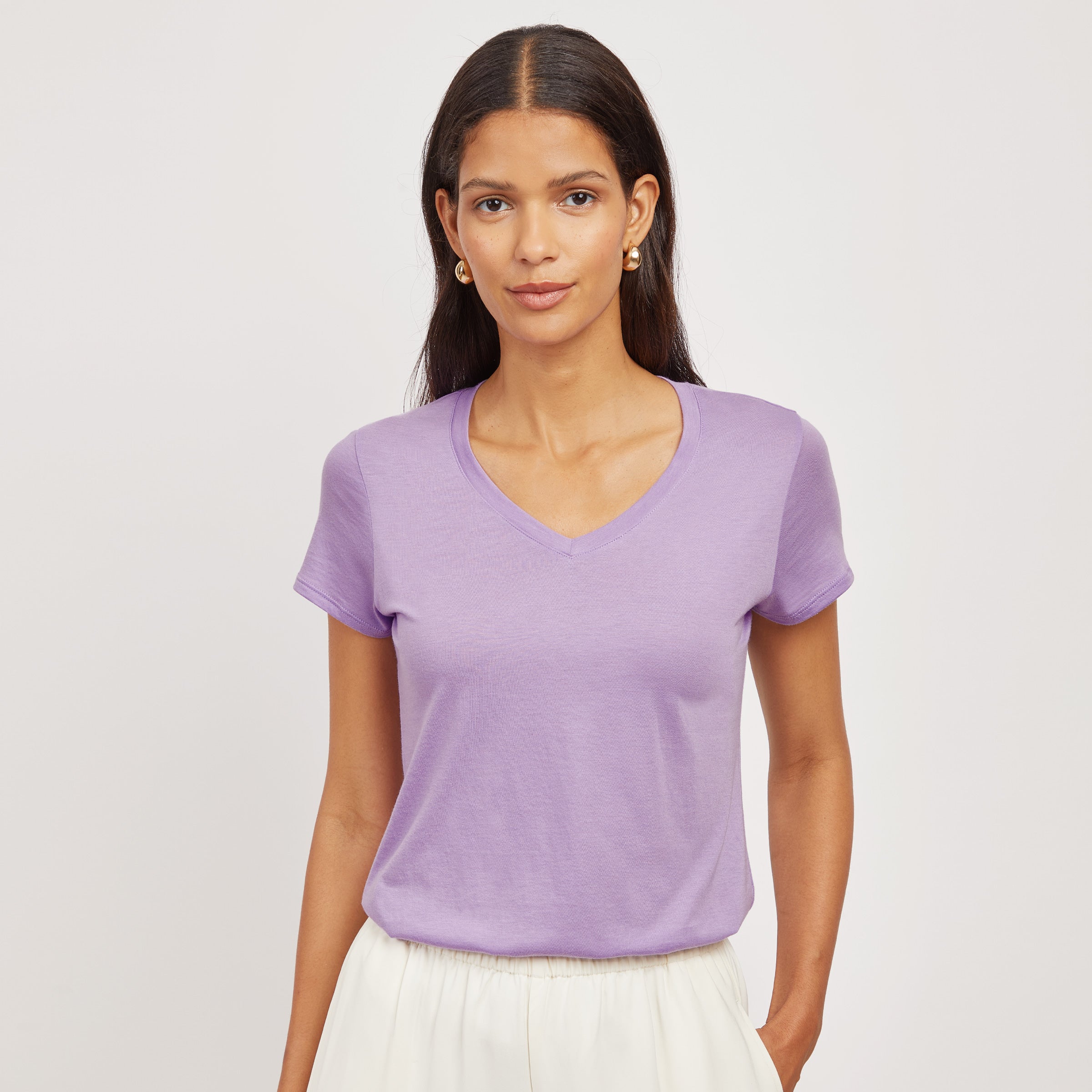 Women wearing Lilac Fitted V-Neck Marcy Tee