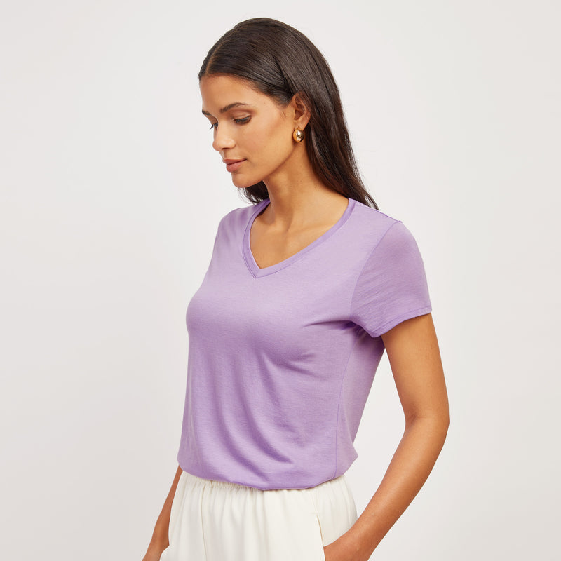 Women wearing Lilac Fitted V-Neck Marcy Tee