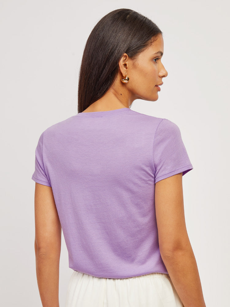 Women wearing Lilac Fitted V-Neck Marcy Tee