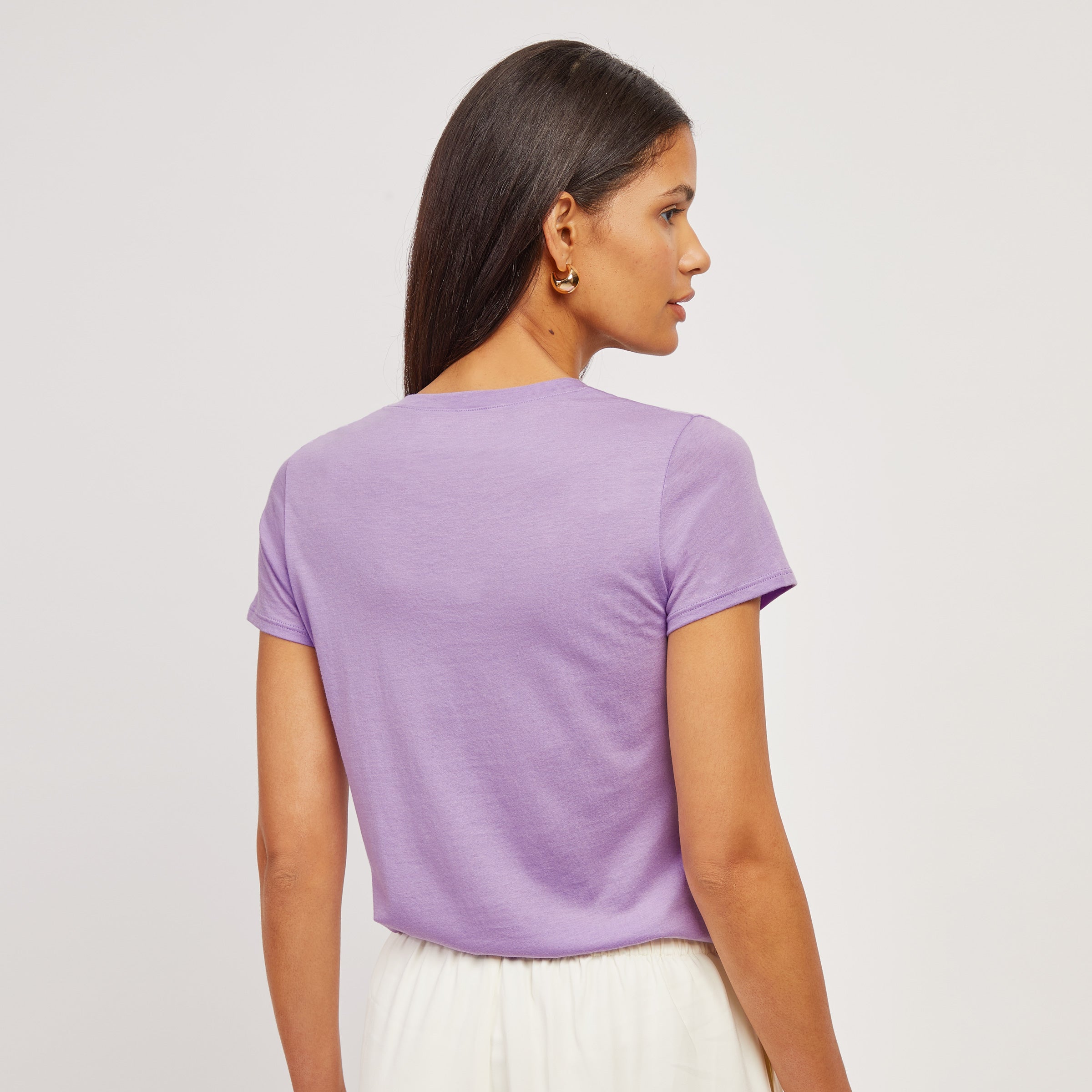 Women wearing Lilac Fitted V-Neck Marcy Tee