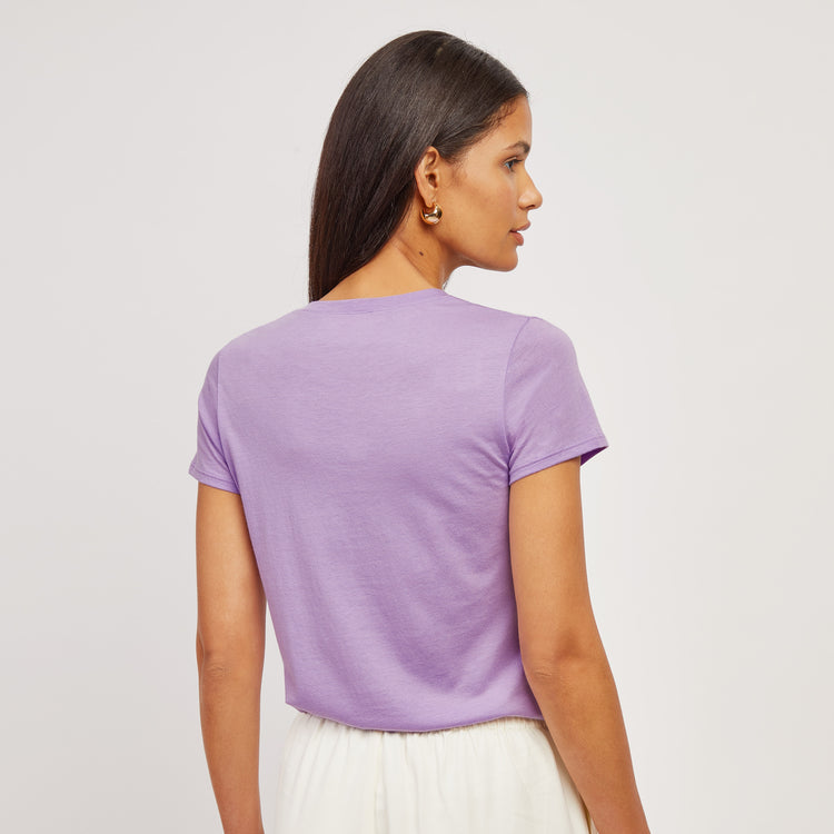 Women wearing Lilac Fitted V-Neck Marcy Tee