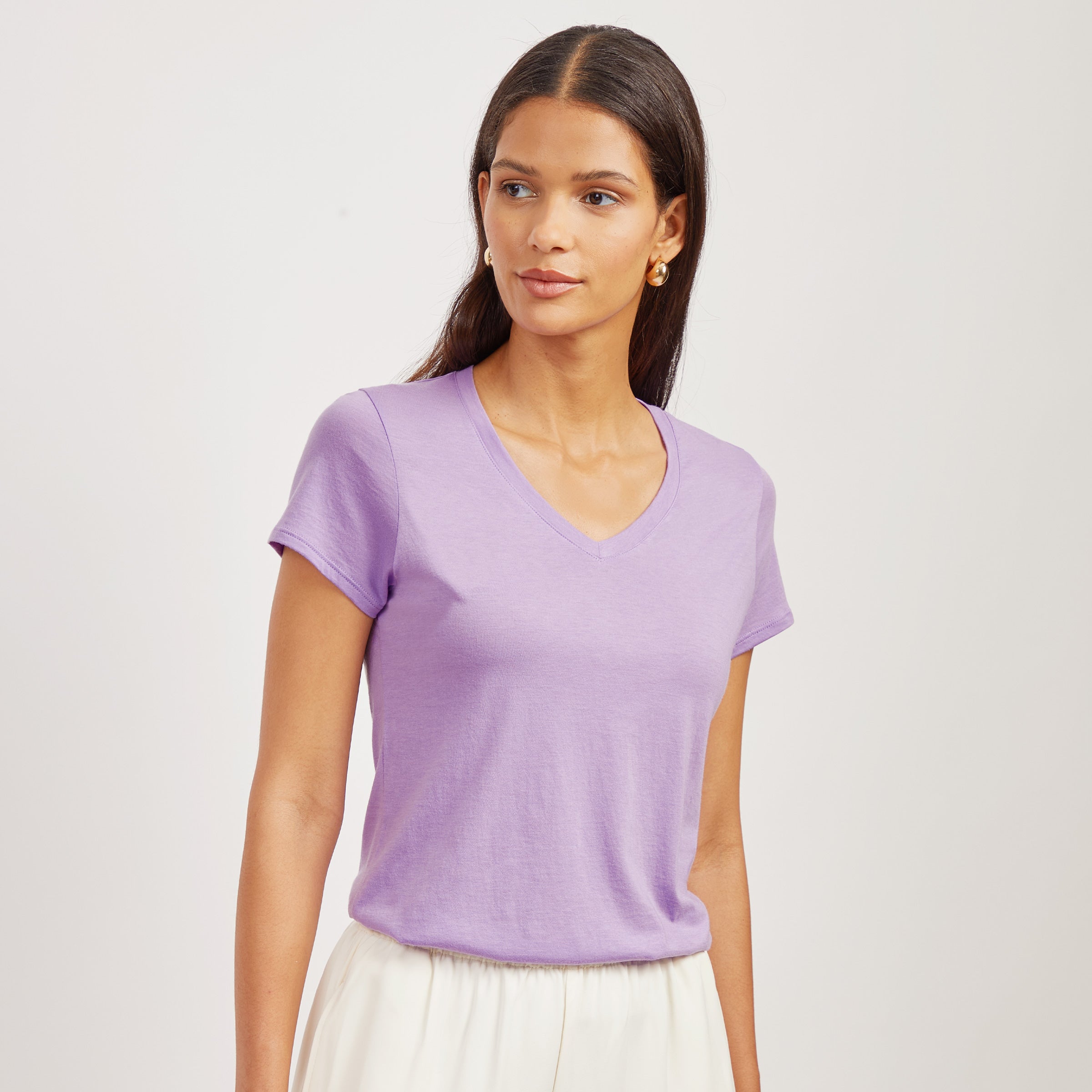 Women wearing Lilac Fitted V-Neck Marcy Tee