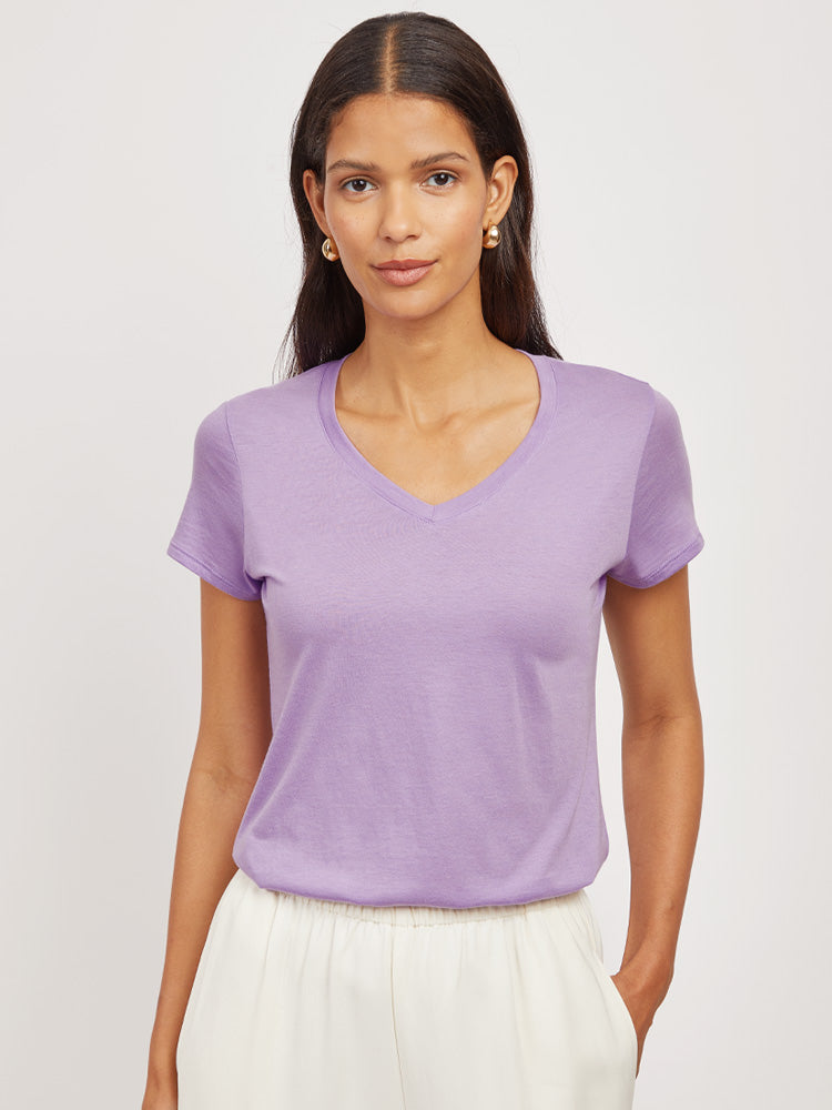 Women wearing Lilac Fitted V-Neck Marcy Tee