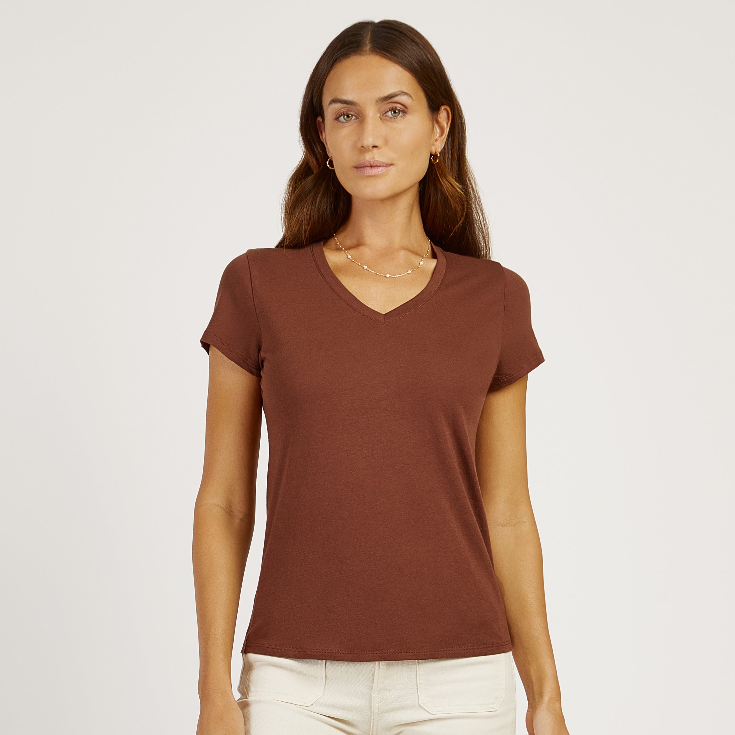 Women wearing Mocha Fitted V-Neck Marcy Tee