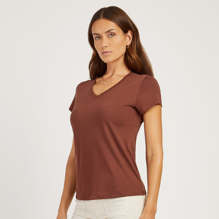 Women wearing Mocha Fitted V-Neck Marcy Tee