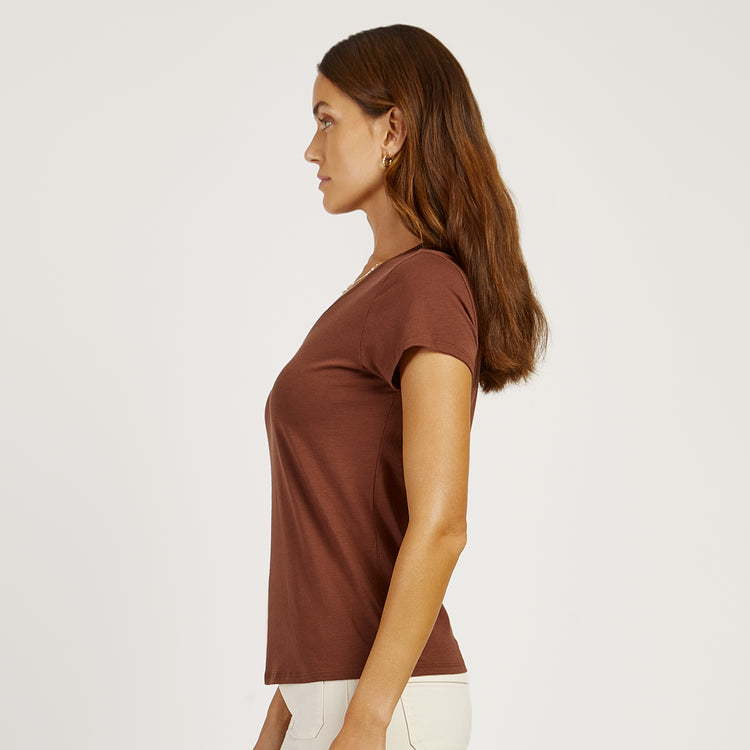 Women wearing Mocha Fitted V-Neck Marcy Tee