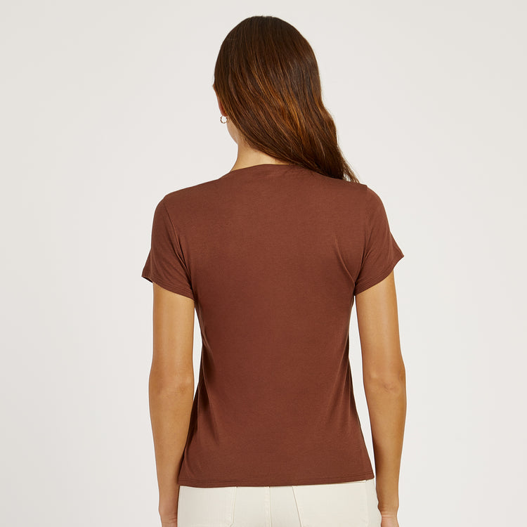 Women wearing Mocha Fitted V-Neck Marcy Tee