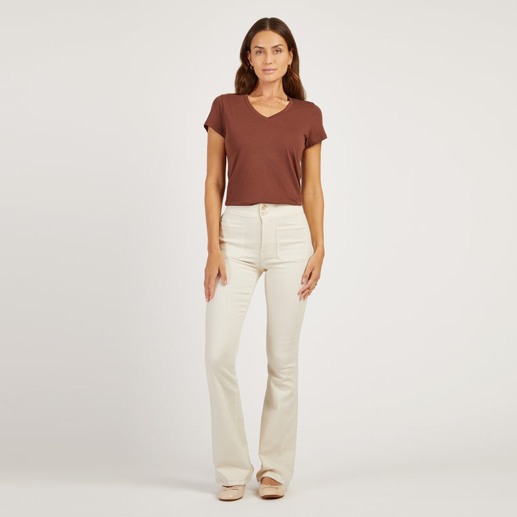 Women wearing Mocha Fitted V-Neck Marcy Tee