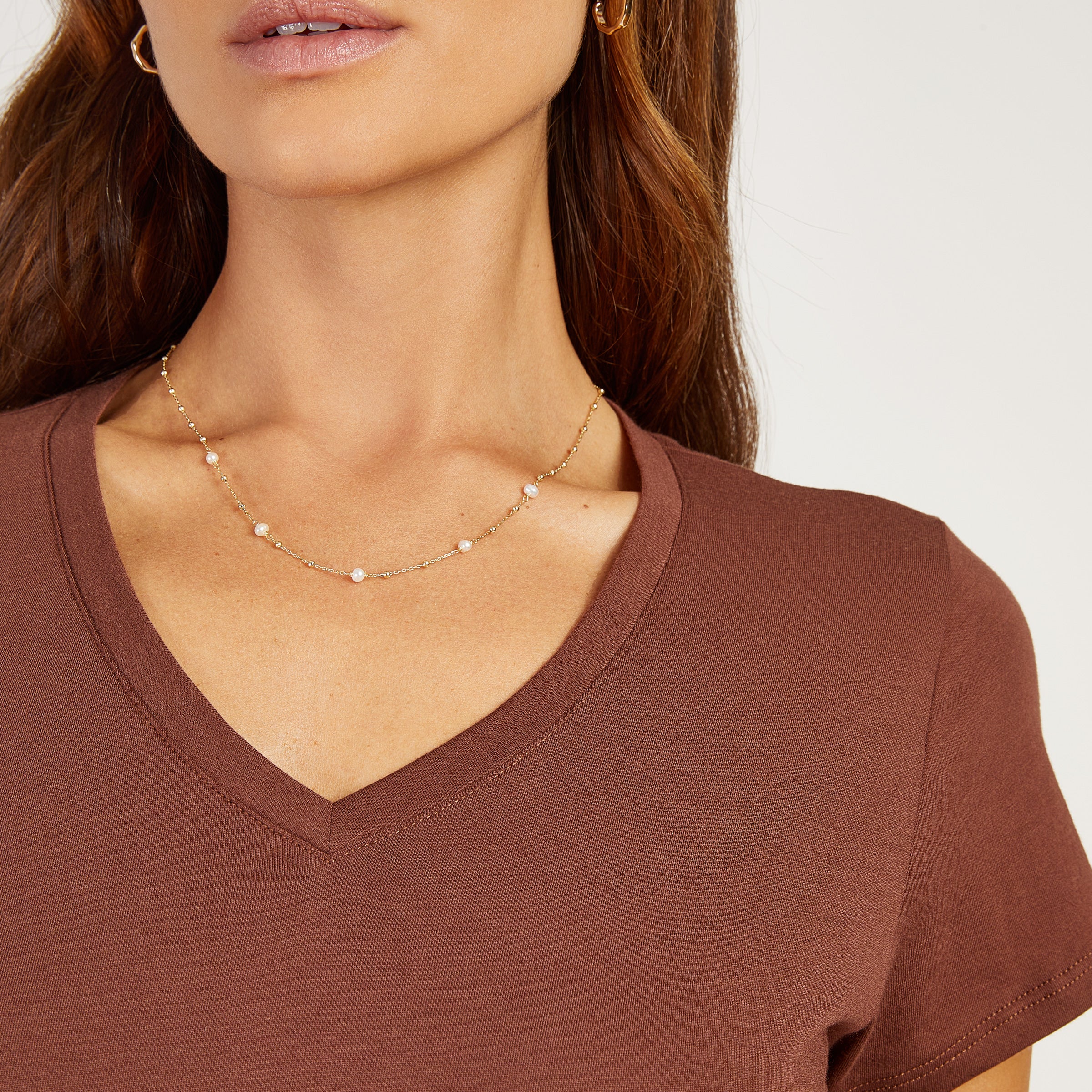 Women wearing Mocha Fitted V-Neck Marcy Tee