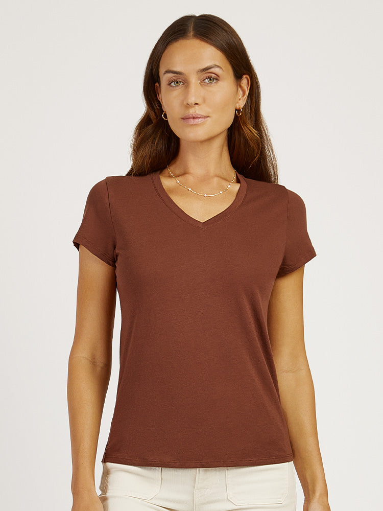 Women wearing Mocha Fitted V-Neck Marcy Tee